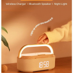 Portable Dual Alarm clock Bluetooth Speaker, Phone holder Wireless Charger, FM Radio & Dimmable Light for Bedroom Office Home Gift Giving wood color