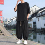 Hiina stiilis Hanfu top Meeste suvine &otilde;huke l&uuml;hikeste varrukatega p&uuml;ksid Lahtine trendikas T-s&auml;rk Moodne &uuml;hes t&uuml;kis/kaheosaline komplekt Preppy M must