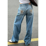 Vintage Streetwear Denim teksap&uuml;ksid Naistele L&otilde;tv l&otilde;ige Leopardi T&auml;he plaaster Applique Keskmise k&otilde;rgusega Sirge s&auml;&auml;rega Medium gray