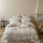 Romantiline Prantsuse Kahekihiline Pitsvolangidega Voodipesukomplekt 20% Ramjeed, 80% Puuvilla Tekikoti Komplekt Tepitud Voodikate Padjap&uuml;&uuml;rid 4 tk King 220X240cm 4pcs