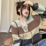 Triibulise kontrastsusega pitsist kootud sviiter naiste s&uuml;gis- ja talvine vabaaja disainiga V-kaelusega avara l&uuml;hikeste varrukatega kampsun, naiste topp One Size heleroheline v&auml;rv