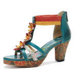 Johnature naiste moed k&otilde;rge kontsaga sandaalid ehtsast nahast k&auml;sitsi maalitud retro lilledega naiste kingad 36 mitmev&auml;rviline