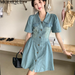 MODIQUE Suvine Suures suuruses uus kleit-s&auml;rk Naiste avar, ahastatud magus teksakleit vabaaja naiste kleidid POLO l&uuml;hikeste varrukatega sinine lahtise &otilde;mblusega XL sinine