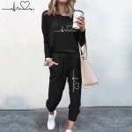Naiste Spordidress Crewneck Spordi&uuml;likonnad Kevads&uuml;gis vabaaja dressipluusid ja p&uuml;ksid Kaheosalised komplektid 2XL must