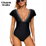 Charmleaks &uuml;hes t&uuml;kis ujumistrikoo v&auml;rviline teip naiste Flounce Edge V kraega ujumiskost&uuml;&uuml;m Seksikas Monokini ujumisriided S-XL S
