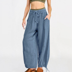 Naiste lohvakad utilitaarsed p&uuml;ksid k&otilde;rge v&ouml;&ouml;kohaga laia s&auml;&auml;rega kargo puuvillased linased p&uuml;ksid L sinine