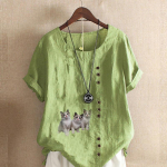 Naiste mood, &uuml;mara kaelusega l&uuml;hikeste varrukatega T-s&auml;rk Vabaaja puuvillane linane graafiline s&auml;rk vaba aja kasside prinditud suvepluusid S roosa