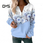 Naiste S&uuml;giskevadine Sweatshrit Flower Print V kaelus, t&otilde;mblukk Decor, pikkade varrukatega pullover Pehme vabaaja paks elastne mansett naiste top pluus XL sinine
