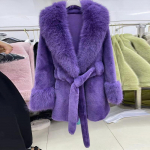 &Uuml;hev&auml;rviline keskmise pikkusega kunstkarusnahast mantel naistele talvine kunstrebase suur karusnahast kraega pikkade varrukatega parkad moekas pealisr&otilde;ivas XL lilla
