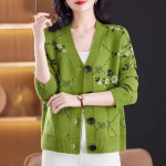 S&uuml;gisene žakaarv&auml;rvi l&uuml;hike kootud kampsun jakk Naiste talvine uus pikkade varrukatega lilleline kootud kampsun mantel Naiste avarad kudumid topsid 4XL roheline