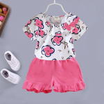 Suvine uus t&uuml;drukute l&uuml;hikeste varrukatega l&uuml;hikesed p&uuml;ksid, lilled, kaheosaline beebi &uuml;likond 80cm roosa