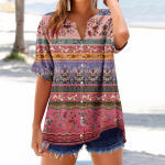 Women's loose printed stand collar short-sleeved cotton and linen top L