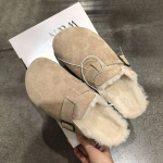 Karusnahast platvormiga seemisnahast naiste sussid, madalad muulad, pl&uuml;&uuml;sist puuvillased kingad, rihmaga pl&auml;tud, 2025 trend, vabaaja kingad, soojad Zapatos Mujer 45 beige