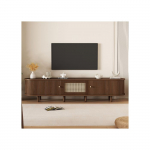 Support TV ovale en noyer fonc&eacute;, design rotin - 180 cm design MDF, pieds r&eacute;glables, capacit&eacute; de charge 30 kg
