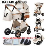 BAZARLAND30 Poussette 3 en 1 B&eacute;b&eacute; Combin&eacute;e Si&egrave;ge-Auto Nacelle Trio R&eacute;versible R&eacute;glable Haute Qualit&eacute; Roues increvables. Blanc cass&eacute; valge