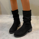Klassikalised t&auml;ismustad seemisnahast keskpikad l&auml;&auml;ne stiilis saapad Naistele Br&auml;ndi disaineriga keskmise kontsaga ratsasaapad Seksikad plisseeritud slip-on talvesaapad 36 must