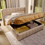 Polsterdatud voodi 180 x 200 cm, Voodi lipprestiga, Peatsi, Pneumaatiline hoiustuss&uuml;steem, Linane voodiraam Sobib t&auml;iskasvanutele ja teismelistele, Beež 213 x 188 x 101 cm beež