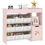 Laste m&auml;nguasjade hoiustamine, 9 eemaldatavat riidest kasti, puidust m&auml;nguasjade hoiustamis&uuml;ksused m&auml;nguasjadele ja raamatutele magamistuppa, lasteaeda, roosa 92 x 30 x 80 cm