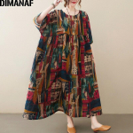 DIMANAF 2021 suures suuruses suvekleit, vintage naiste daami Vestidos Beach p&auml;ikesekleit, pikk kleit Prindiga &uuml;lisuur puuvillane vaba One Size pruun