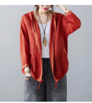 Puuvillane linane kapuutsiga jope naiste suvine vaba vaba aja &otilde;huke p&auml;ikesekaitse s&auml;rk pikkade varrukatega kardigan top XL punane