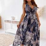 Naiste Bohe Maxi pikk p&auml;ikesekleit Suvine V-kaelusega naistele seljataga varrukateta lillemustriga sidemega peokleidid TCFZ-60 L