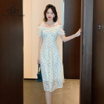 Uus prantsuse stiilis magus lilleline v&otilde;rkkleit Elegantne kitsa v&ouml;&ouml;kohaga salendav l&uuml;hikeste varrukatega A-jooneline kleit suvine valge rannakleit S valge