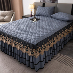 Paksendatud puuvillane printsessi stiilis pitsist voodiseelik, kolmeosaline komplekt 1,8 m/1,5 m/2,0 m libisemiskindel voodi 150*200cm tumehall v&auml;rv