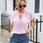 &Otilde;&otilde;nes Jacquard Raglan Sleeve Pluusid Ruffle Edge Raglan Sleeve Solid Lace Up L&uuml;hikeste varrukatega naiste suvine pluus S roosa