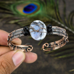 Natural Dendrite Opal Handmade Copper Wire Wrap Cuff Bangle Adjustable w5w23