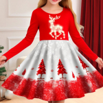 Kevadt&uuml;druku vabaaja 3D j&otilde;ulueeslikleit &Uuml;mara kaelusega pikkade varrukatega kleit lapse printsessi j&otilde;uludeks 80 punane