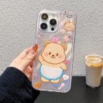 Cartoon Cute Animal Bear telefoni&uuml;mbris iPhone 16 13 14 15 Pro Max Laser IMD Color Shell jaoks iPhone 16 Pro Max mitmev&auml;rviline