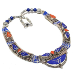 Natural Lapis Lazuli, Coral Gemstone Handmade Jewelry Necklace 18 p3r29