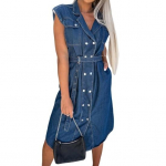 Naiste teksas&auml;rgikleit, varrukateta, n&ouml;&ouml;pideta, rev&auml;&auml;riga teksakleit, suvine vabaaja kleit L tumesinine v&auml;rv