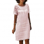 Naiste suvised l&uuml;hikesed rannakleidid L&uuml;hikeste varrukatega &uuml;mmargune kaelus, pits minikleit vabaaja puuvillane linane p&auml;ikesekleit S khaki