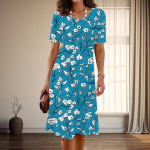 Naiste mood graatsilised lillede ja rohuprindiga suvised kevadised l&uuml;hikeste varrukatega O-kaelusega vabaajakleidid XS sinine