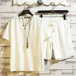 Meeste Suur Suurus &Otilde;huke Komplekt Puuvillane Lina L&uuml;hikeste Varrukatega L&uuml;hikesed P&uuml;ksid &Uuml;likond Mehed &Uuml;hev&auml;rviline Trendikas Lina Vabaaja Sport Kaheosaline Suvi S valge