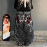 Hip Hop Retro t&auml;nava vabaaja Y2k Harajuku moesuund, tikandid mustriga teksap&uuml;ksid, sirged laiad p&uuml;ksid XXL