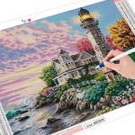 HUACANi teemanttikandid maastiku 5D DIY teemantmaali tuletorn t&auml;isruudu puur mere&auml;&auml;rsed kivid 20*30 cm