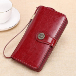 Naiste rahakott RFID vargusvastane hari, pikk nahast rahakott, suure mahutavusega &uuml;he lukuga rahakott burgundiapunane