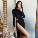 K&otilde;rgel k&uuml;ljel l&otilde;hestatud seksikas kleit naistele v&auml;ljal&otilde;igatud must pikkade varrukatega piduklubi Bodycon pikad kleidid, n&ouml;&ouml;riga plisseeritud Vestidos 24633 S must