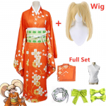 Anime Super Danganronpa 2 Hiyoko Saionji Cosplay Kost&uuml;&uuml;m Kimono T&auml;iskasvanute Naiste Oranž Kleit Halloweeni Karnevali Riietus Kostuums L-(Suit+Wig)