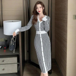 Kleit Naistele S&uuml;gisene naiste V-kaelus Pikkade varrukatega Bird Checker Kootud Keskmise pikkusega Kleit Puusakleit &Uuml;le p&otilde;lvede Kleit One Size valge