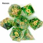 7 tk rohelist kuldset numbrit terava servaga vaigust t&auml;ringud mitmetahulised t&auml;ringud, mis sobivad rollim&auml;nguks RPG lauam&auml;nguks roheline