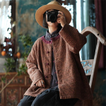 Johnature Women Vintage Print lillelised pargid O-kaelusega pikkade varrukatega n&ouml;&ouml;p pluss puuvillane pehme mantel Talvised Hiina stiilis pargid One Size kerge kohvi v&auml;rv