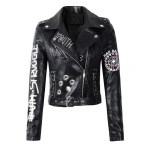 S&uuml;gistalvine naiste grafitiprint Kunstnahast jakk Lady Moto Bike PU nahast mantel vabaaja neetjakk v&ouml;&ouml;ga XS must