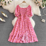 Suvine romantiline lillemustriga naiste kleit Elegantne puhvis varrukatega elastne v&ouml;&ouml;koht peo Vestidos puhkuse naise r&uuml;&uuml; One Size