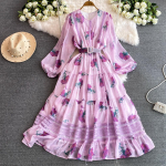 S&uuml;gis Vintage Naiste Lilleprindiga Lapit&ouml;&ouml; Pikk Kleit Elegantne V-kaelusega Puffvarrukatega &Otilde;&otilde;nes Hem Puhkus Rand Vestidos Uus One Size lilla