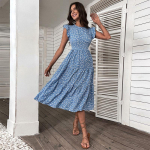 Suvine retro naiste kaelusega varrukateta Midi k&otilde;rge v&ouml;&ouml;kohaga sinine lilleline A Line &scaron;ikk pikk kleit S sinine