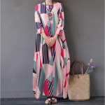 Kevadine ja s&uuml;gisene puuvillasest linasest suures suuruses kleit naistele tr&uuml;kkimine Country Style Retro avara &uuml;mara kaelusega pikad kleidid S roosa