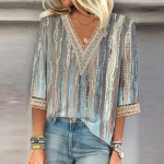 Naiste s&auml;rgipluus vabaaja s&auml;rgid, 3/4 varrukatega pitsist &auml;&auml;ristused, tr&uuml;kitud V-kaelusega topid T-s&auml;rgid tee S sinine